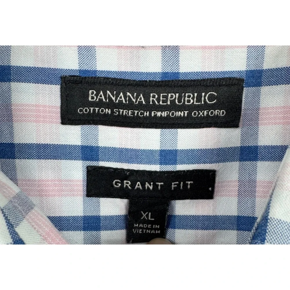 Banana Republic Shirt Grant Fit Men's XL Pink‎ Blue Plaid Cotton Button Down